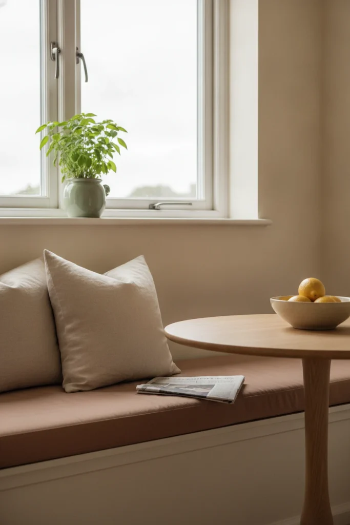 Backless bench under a low window keeps the glass clear in a bright kitchen dining nook