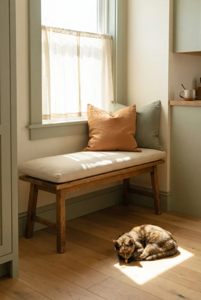 Backless breakfast nook bench under a kitchen window in morning sunlight.