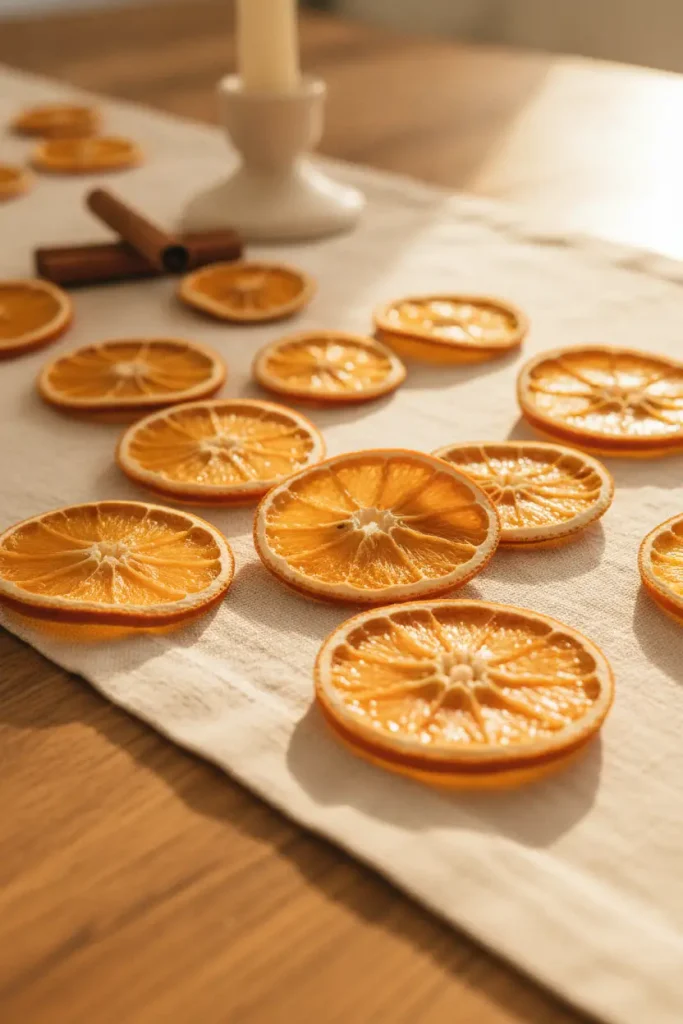 Backlit dried orange slices on a linen runner as easy fall table decorations.
