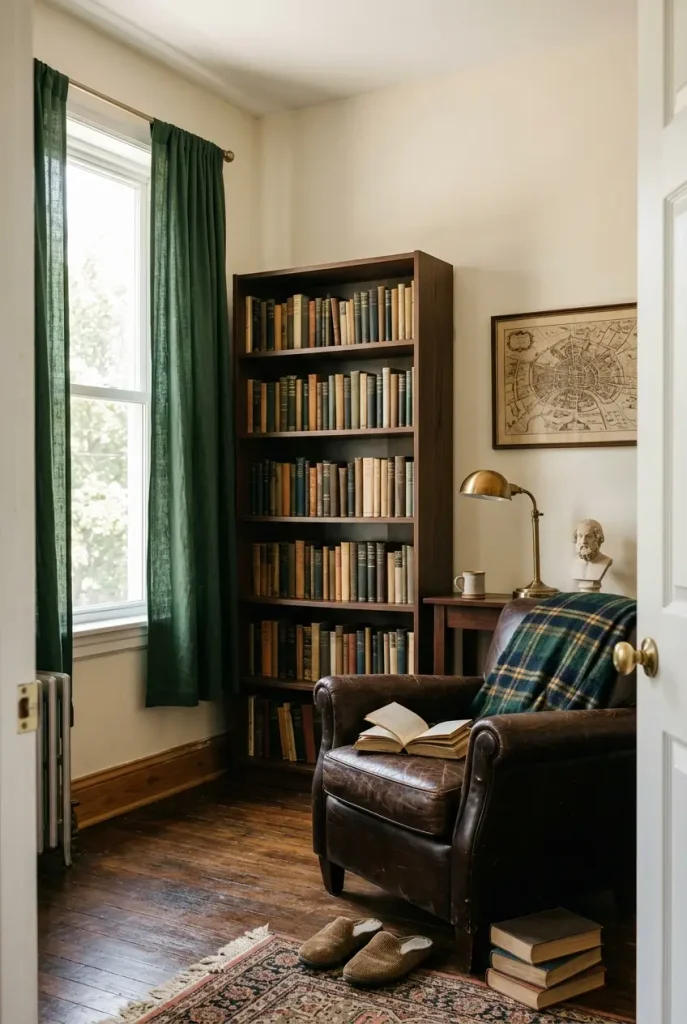 Balanced dark academia library corner in daylight with bookcase, leather armchair, and one framed map