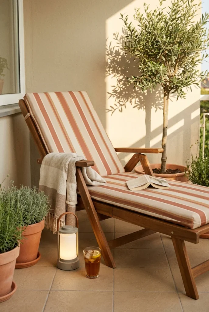 Balcony reading nook with a folding lounger, cushion and lantern in afternoon shade.