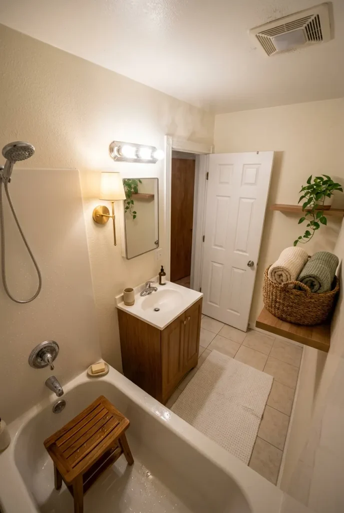 Bathroom showing where teak, cotton, and seagrass boho pieces sit relative to shower steam