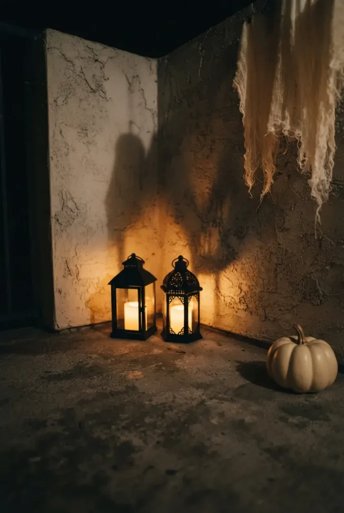 Battery lanterns glowing on a balcony floor as outdoor Halloween lighting