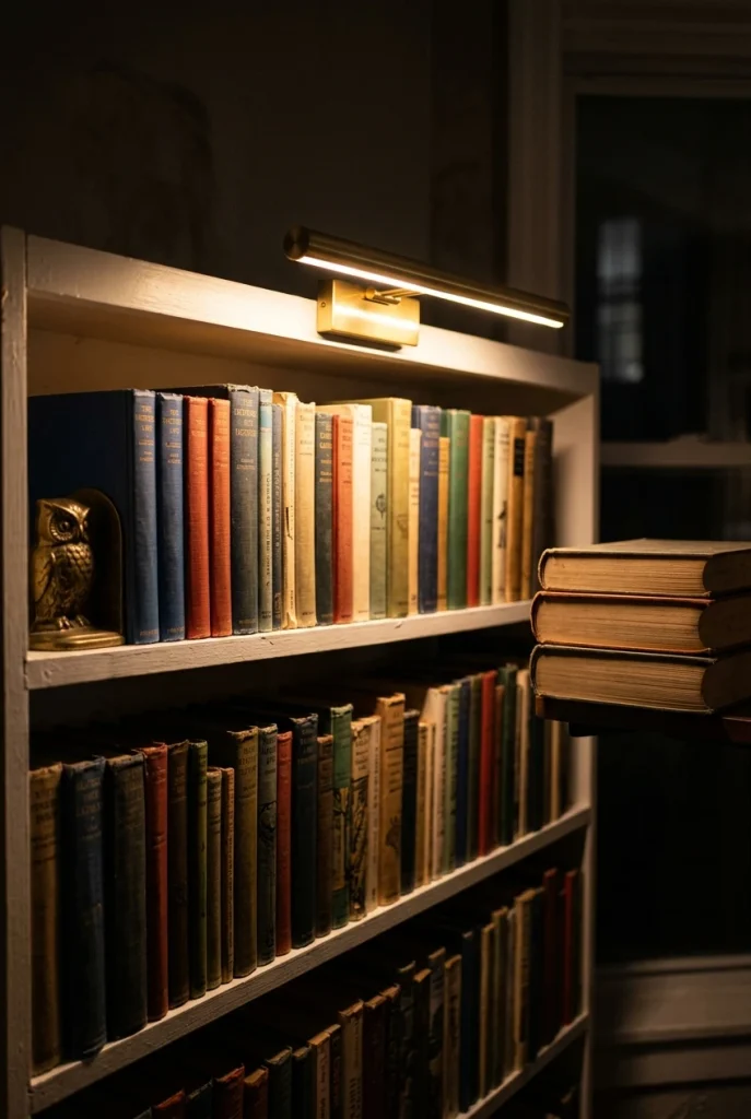 Battery picture light glowing over book spines on a top shelf in a library reading nook at night