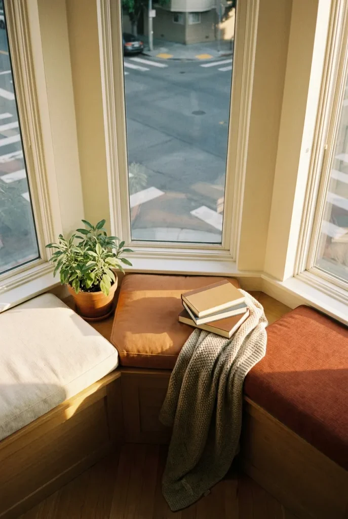 Bay window seat with three separate cushions wrapping all three window faces