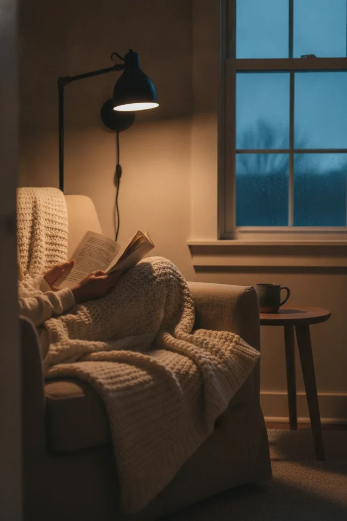 Bedroom reading corner with linen chair, knit throw, and warm swing arm sconce at dusk