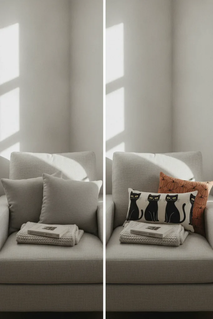 Before and after armchair with plain pillows swapped for vintage Halloween black cat and pumpkin covers