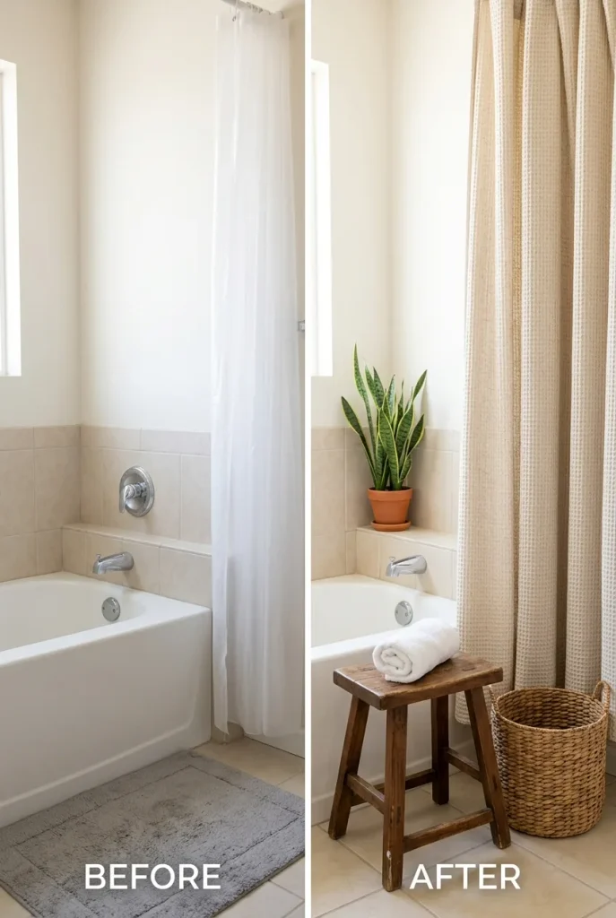 Before and after of a boho bathroom tub corner with a thrifted stool, woven basket, and cotton curtain