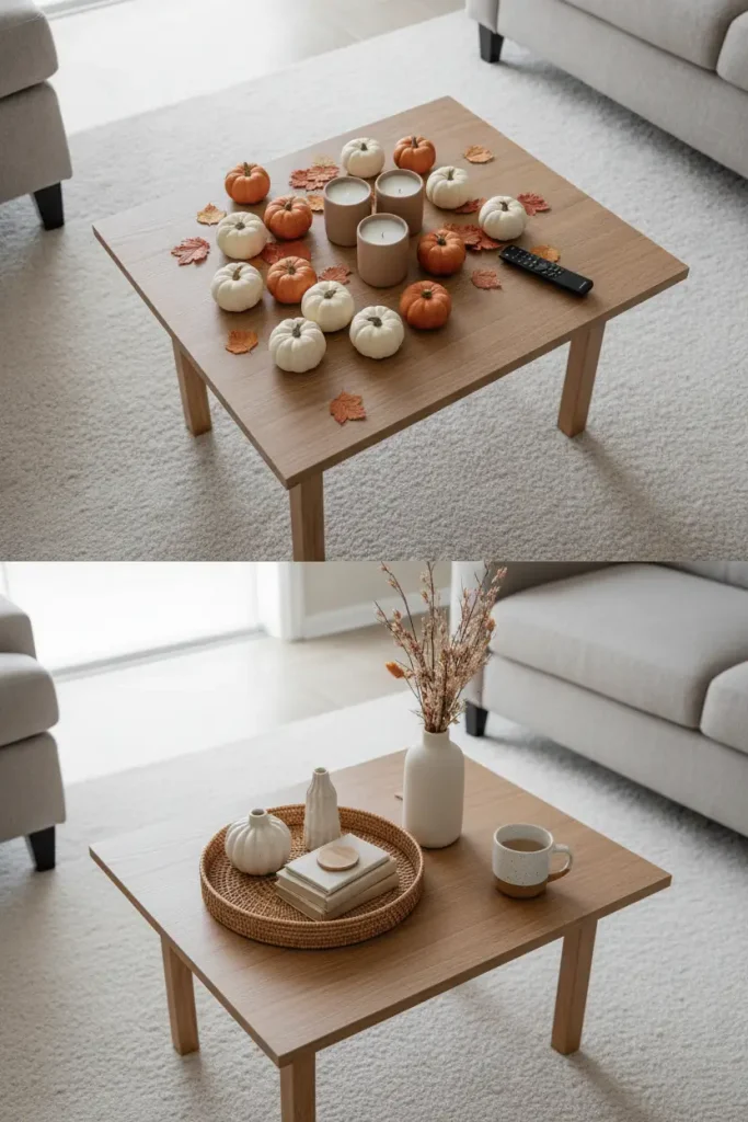 Before and after of a cluttered fall coffee table edited down to one tray, one vase, and a clear mug spot