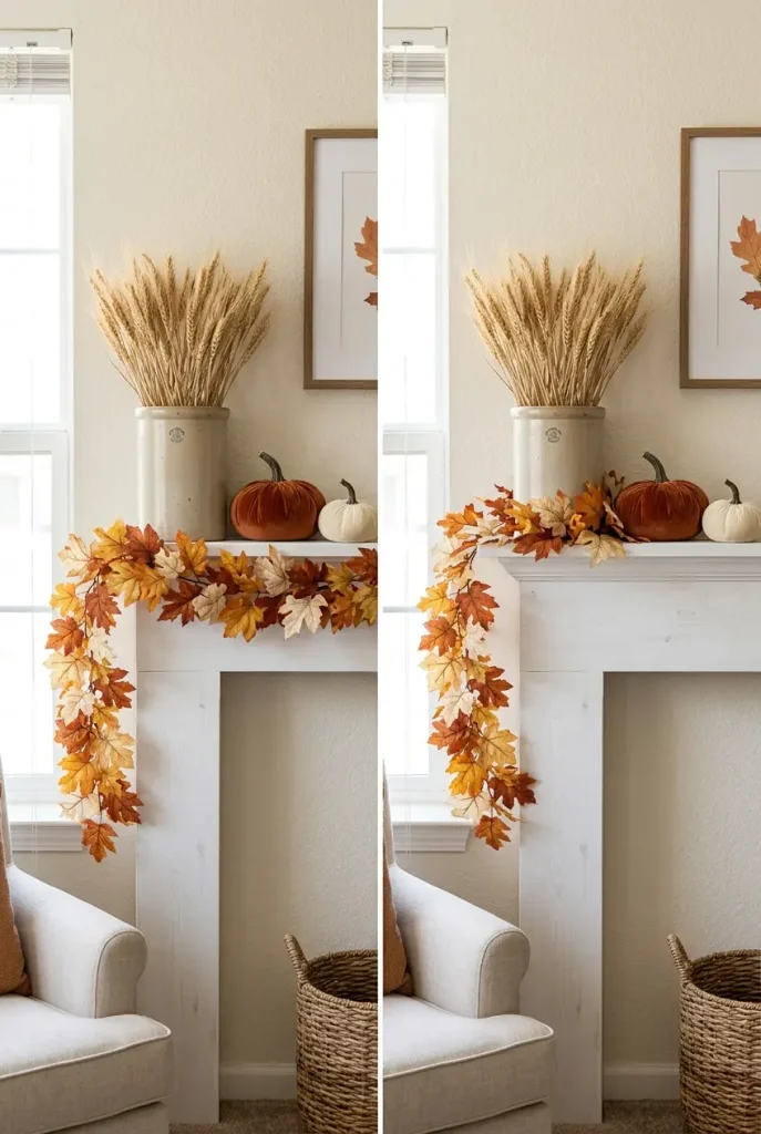 Before and after of a fall mantel garland draped end to end versus draped only halfway