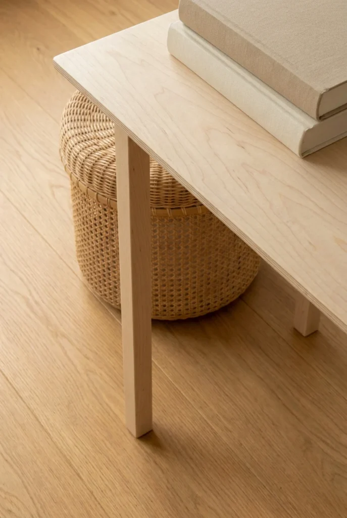 Birch side table on honey oak floor showing two wood tones in a Scandinavian living room.