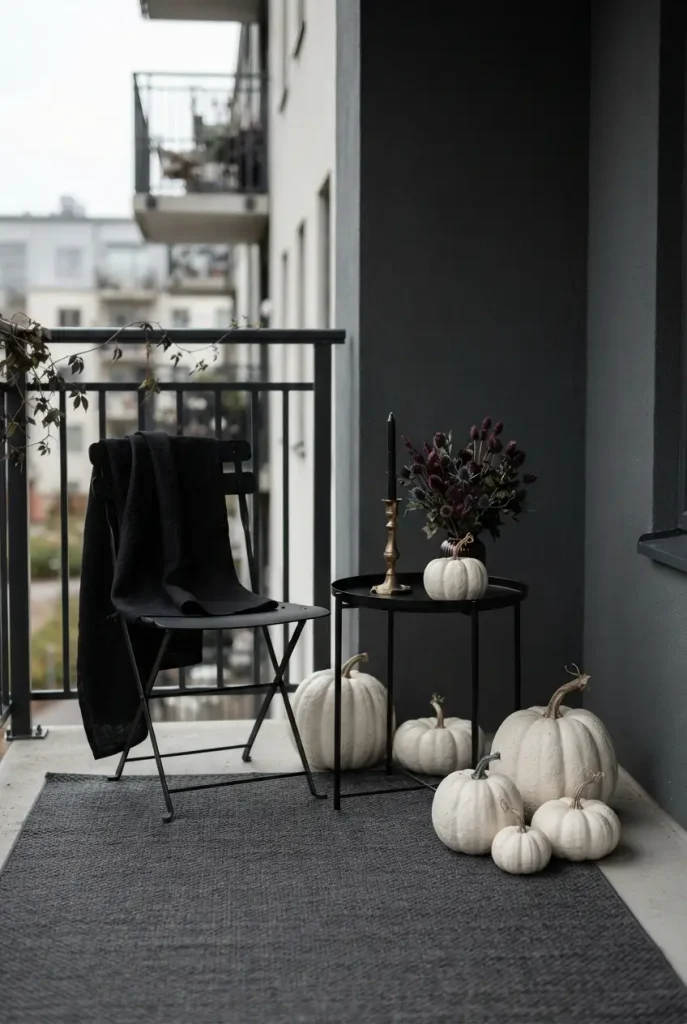 Black and cream outdoor Halloween decor on a small apartment balcony