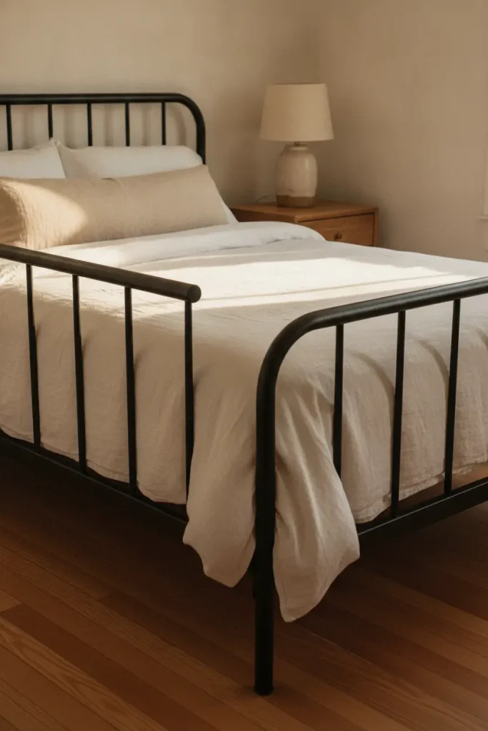 Black iron farmhouse bed with white linen and a bolster pillow in golden hour light
