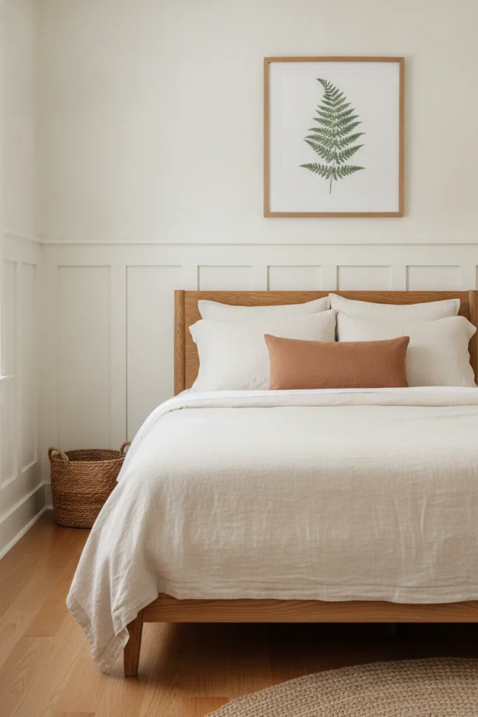 Board and batten half wall painted warm white behind an oak bed in a farmhouse bedroom