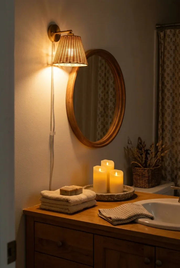 Boho bathroom vanity at night with a rattan plug-in sconce, wood mirror, and flameless candles