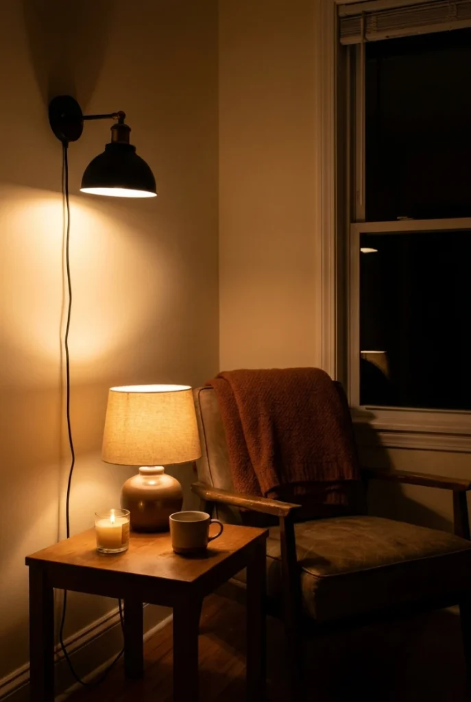 Boho living room corner at night lit by a warm 2700K corded wall lamp and a low table lamp.