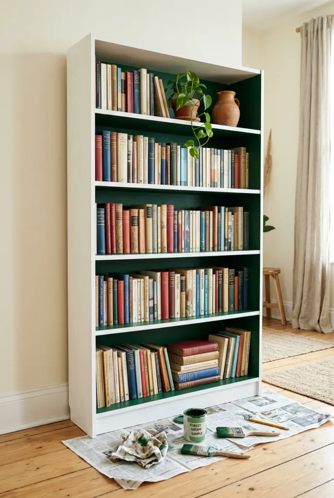 Bookcase with a painted deep green back panel making book spines stand out