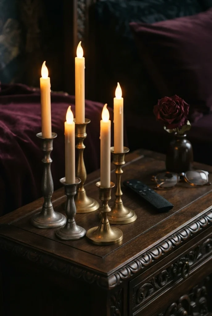 Brass candlesticks with LED taper candles glowing on a whimsigoth bedroom nightstand at night