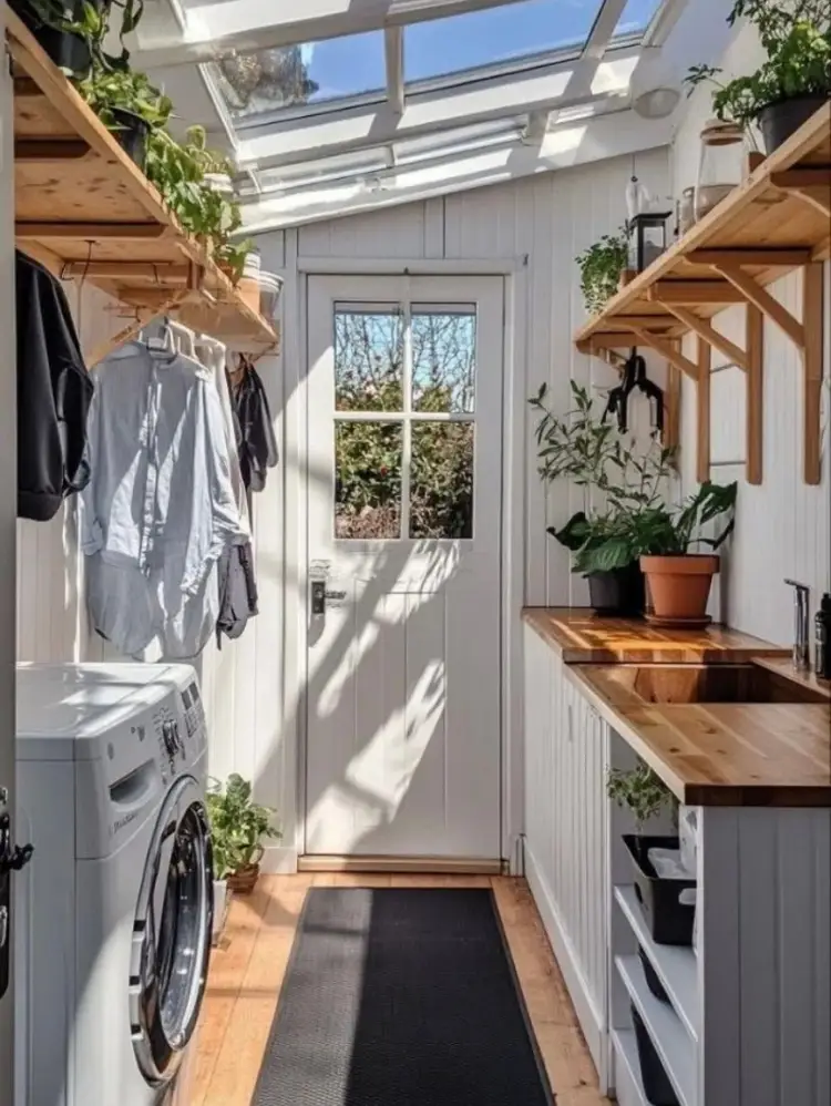 Bright narrow laundry/mudroom with a glass skylight roof, white washing machine, hanging clothes, wooden open shelves with potted plants, a butcher block counter with a sink, and a black runner rug leading to a glass-paned exterior door.