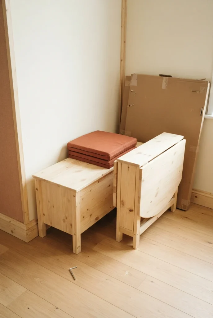 Budget breakfast nook setup with a pine storage bench, drop leaf table and seat pads.