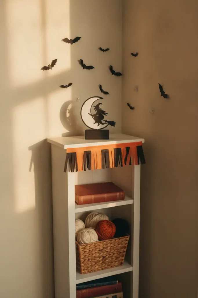 Budget vintage Halloween bookshelf with paper fringe trim, witch centerpiece, and bats on renter-safe hooks