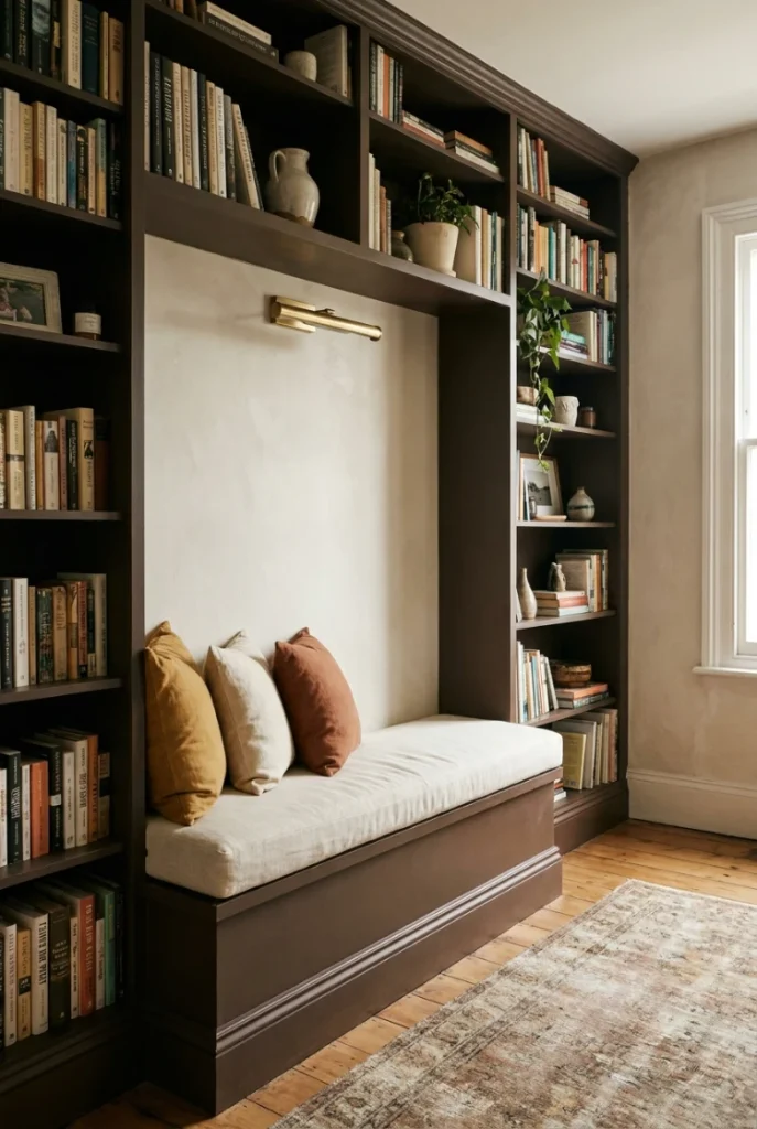 Built-in reading bench between two tall bookcases forming a DIY adult reading nook.
