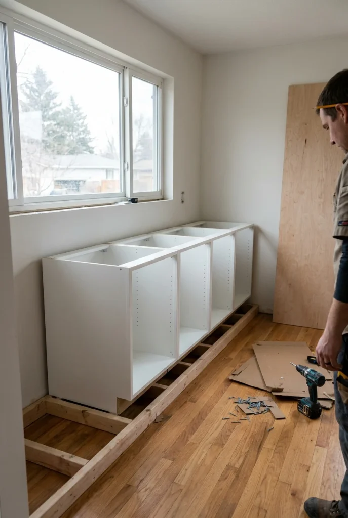 Cabinet boxes on a base frame mid build for a DIY window bench with storage