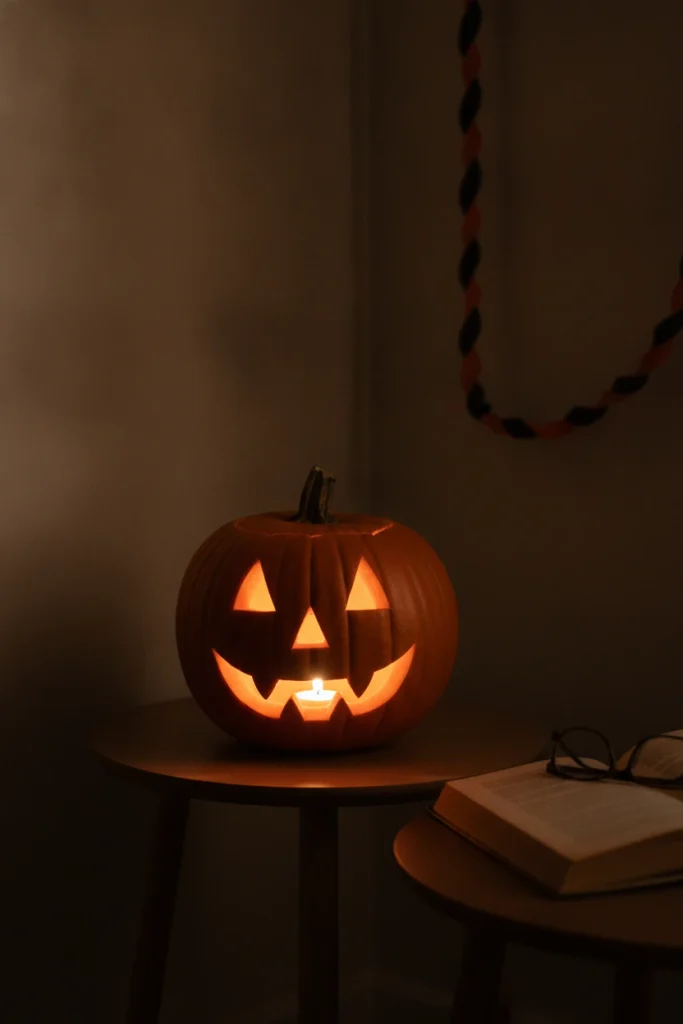 Carved pumpkin glowing with a flameless LED candle on a side table in a vintage Halloween corner