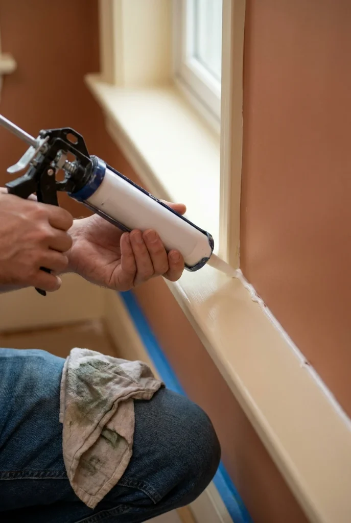 Caulking the seam where a built in window seat meets the wall for a millwork finish