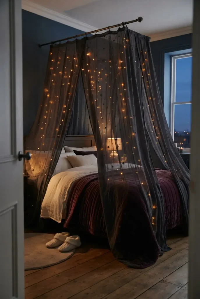 Celestial sheer bed canopy with warm fairy lights in a whimsigoth bedroom at blue hour