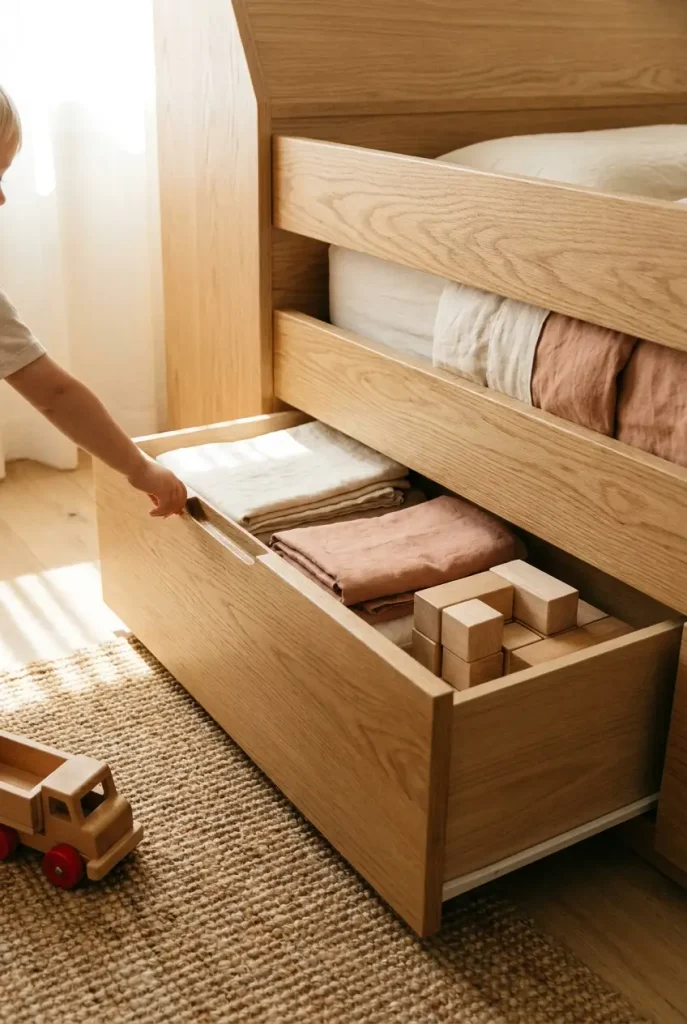 Child pulling open a storage drawer under a low twin bed with folded sheets and blocks