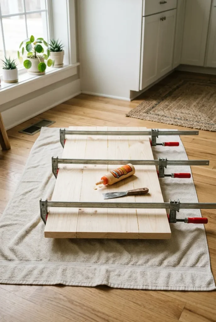 Clamped DIY coffee table top glued up on a towel on an apartment kitchen floor.