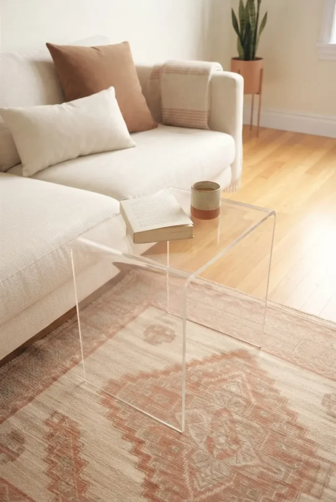 Clear acrylic side table beside a sofa in a small modern apartment