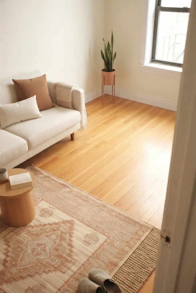 Clear diagonal sightline across a small modern apartment room