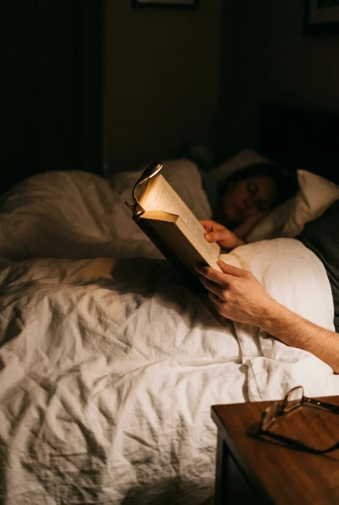 Clip-on reading light on a book at night in a shared bedroom reading corner.