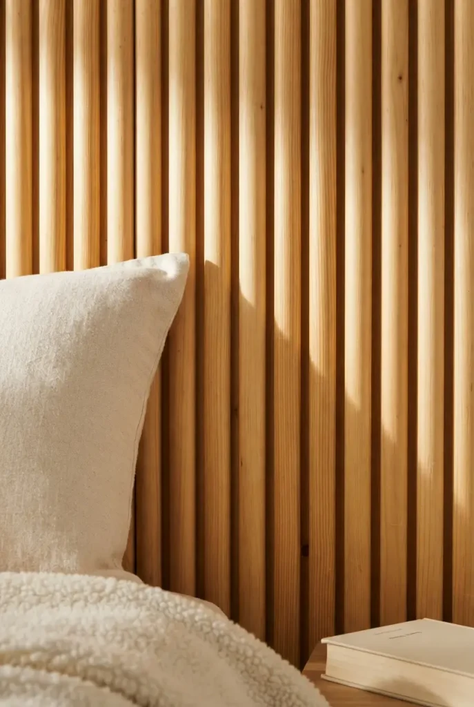 Close-up of a DIY wood dowel slat headboard with even gaps behind a linen pillow.