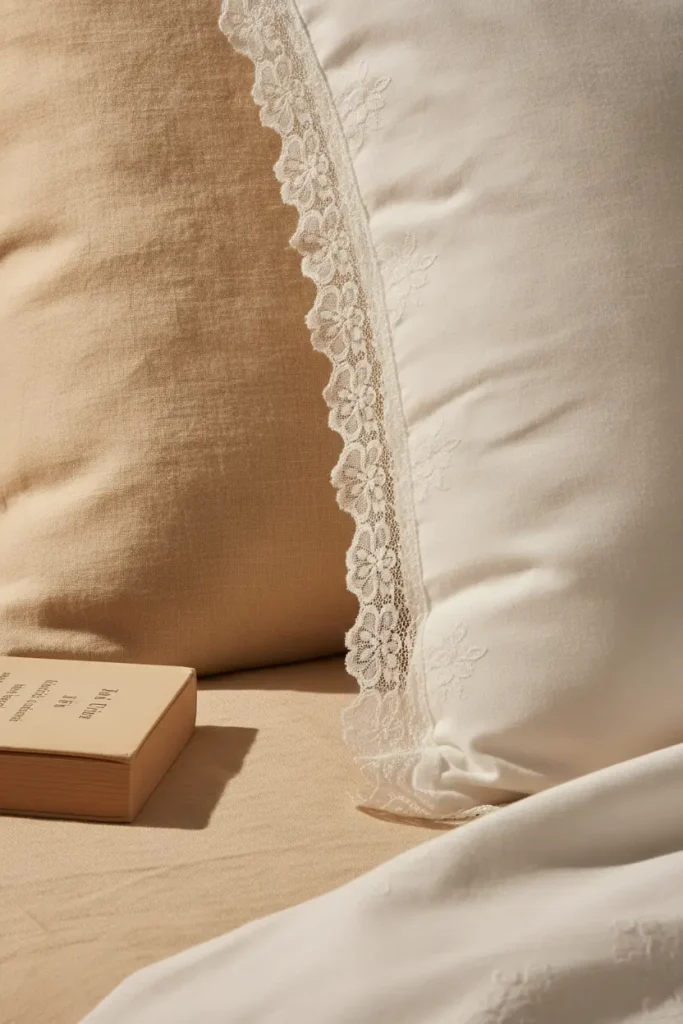 Close-up of a lace-trimmed pillowcase edge under warm lamplight