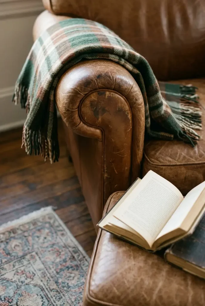 Close-up of a worn cognac leather chair arm with a plaid wool throw in a dark academia library corner