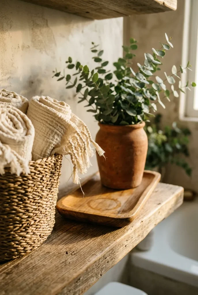 Close-up of boho bathroom textures: seagrass basket, fringed cotton towels, teak tray, terracotta pot