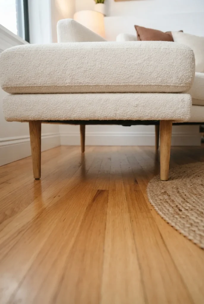 Close-up of floor visible beneath a leg-raised sofa in a small apartment