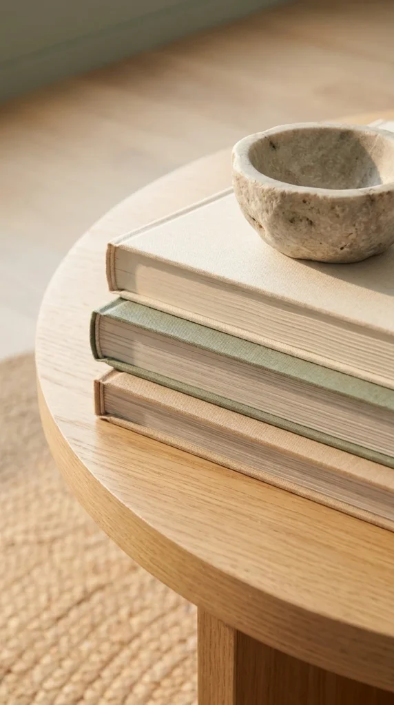 Close-up of three stacked hardcover books topped with a stone bowl