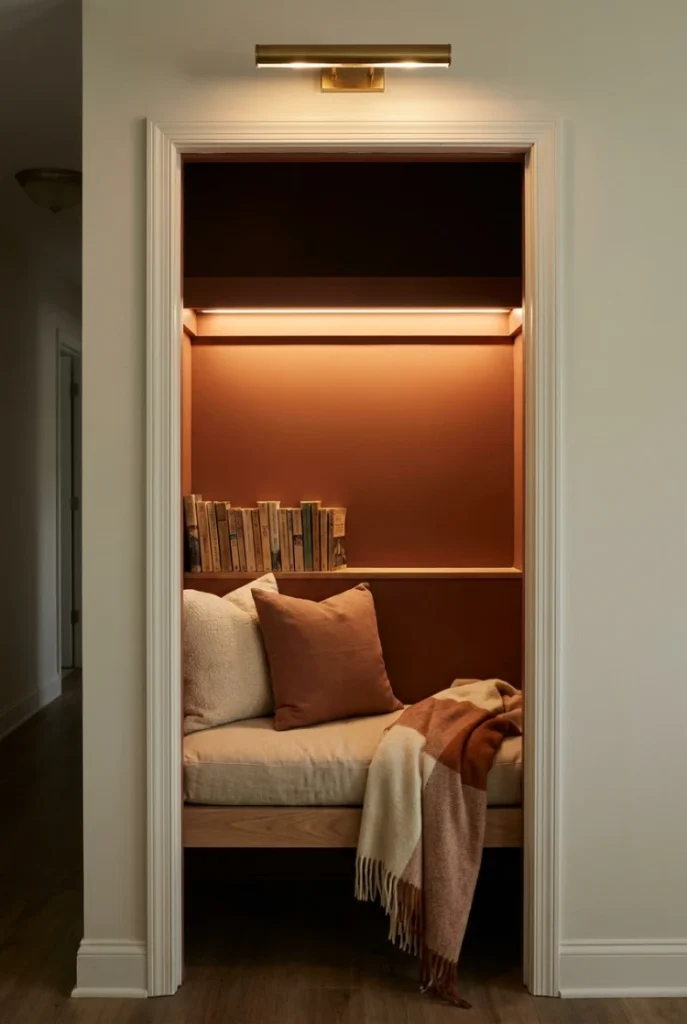 Coat closet converted into a small reading nook with a bench, picture light and books.