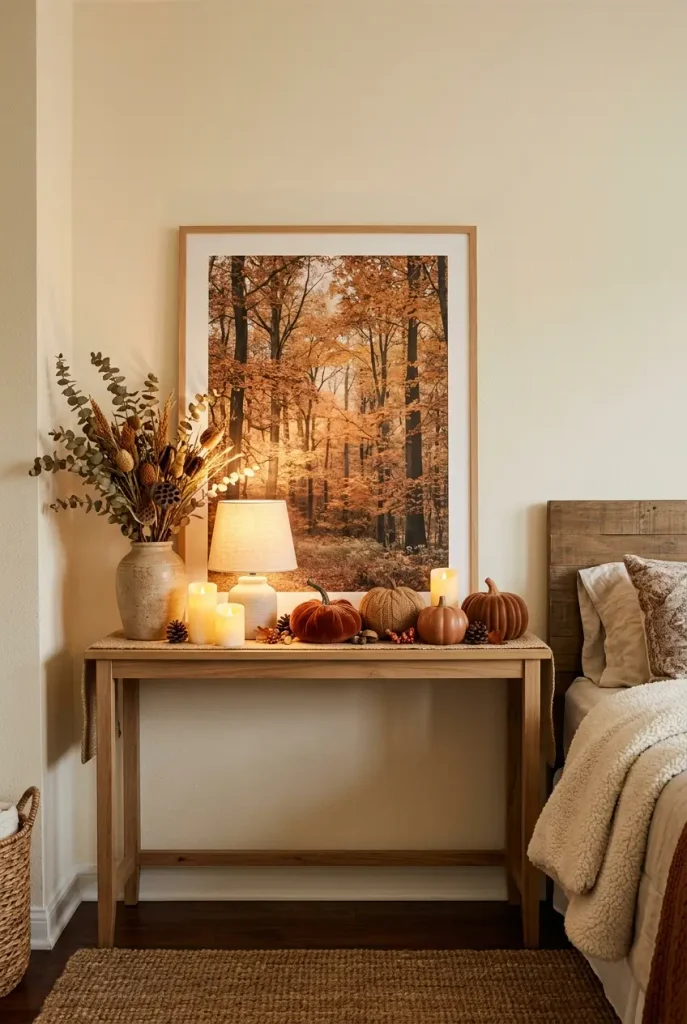 Console table styled as a fall mantel without a fireplace in a small studio apartment
