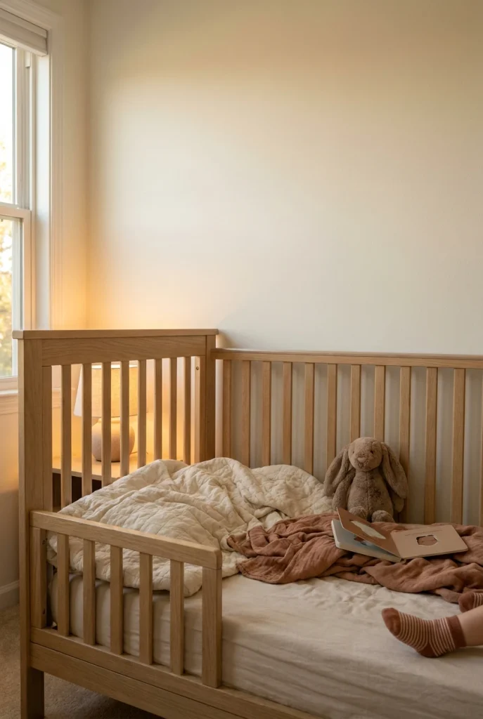 Convertible crib set up as a low toddler bed with one guardrail in a cream bedroom
