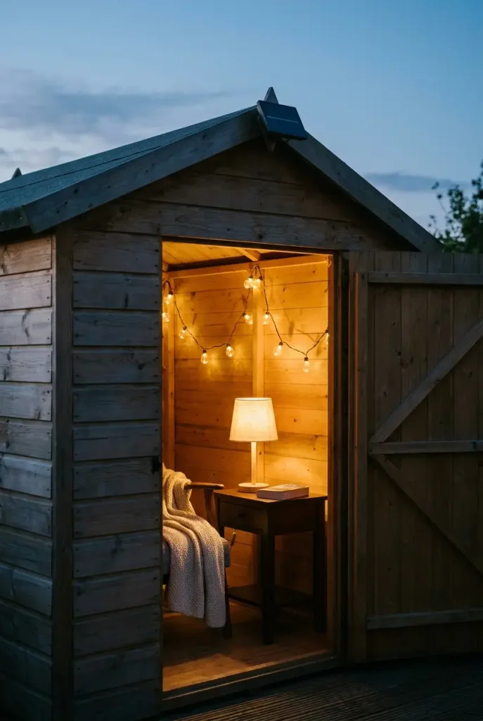 Cordless lamp and solar string lights glowing inside a small she shed at dusk