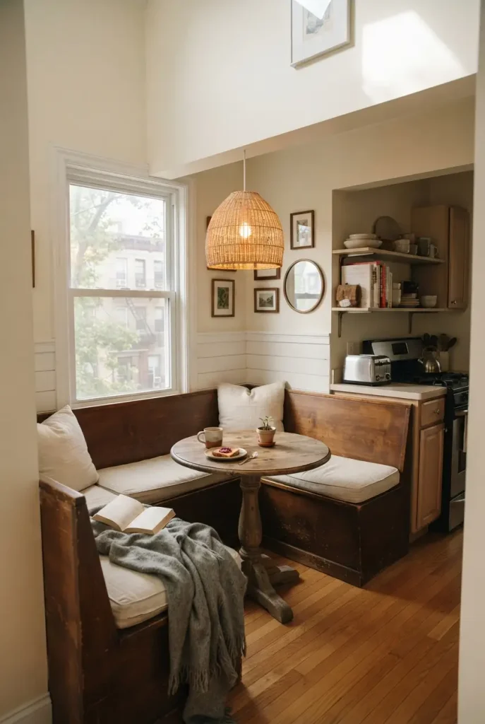 Corner breakfast nook with wood bench, linen cushion and round table in a small kitchen.