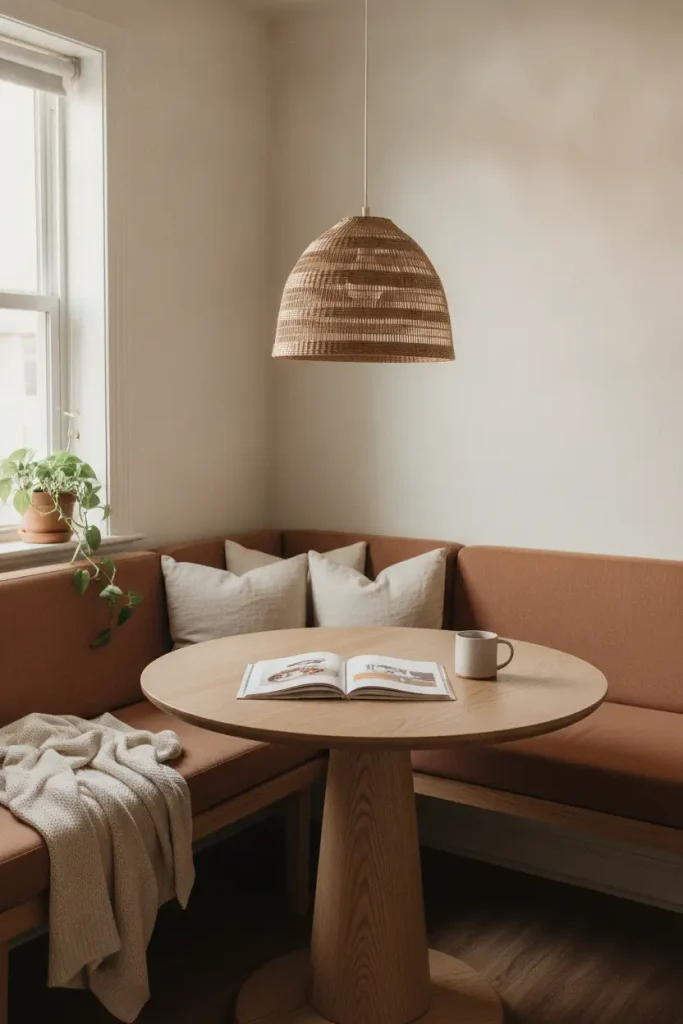Corner dining nook with a clay bench, round oak table, and warm pendant light in a small kitchen