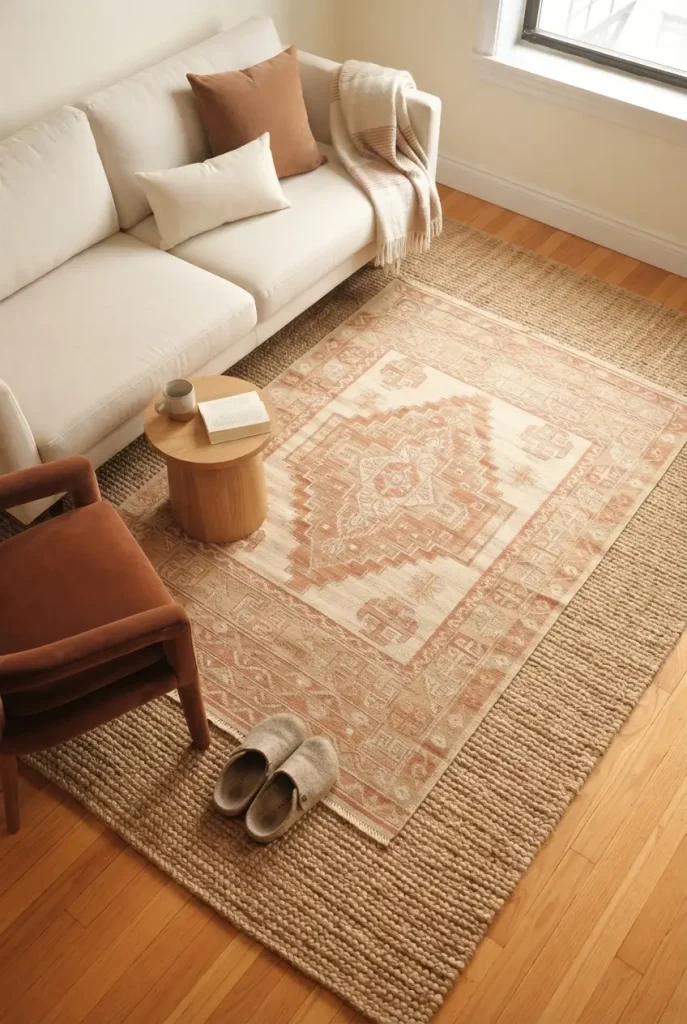 Correctly sized layered rug with sofa front legs on it in a small apartment