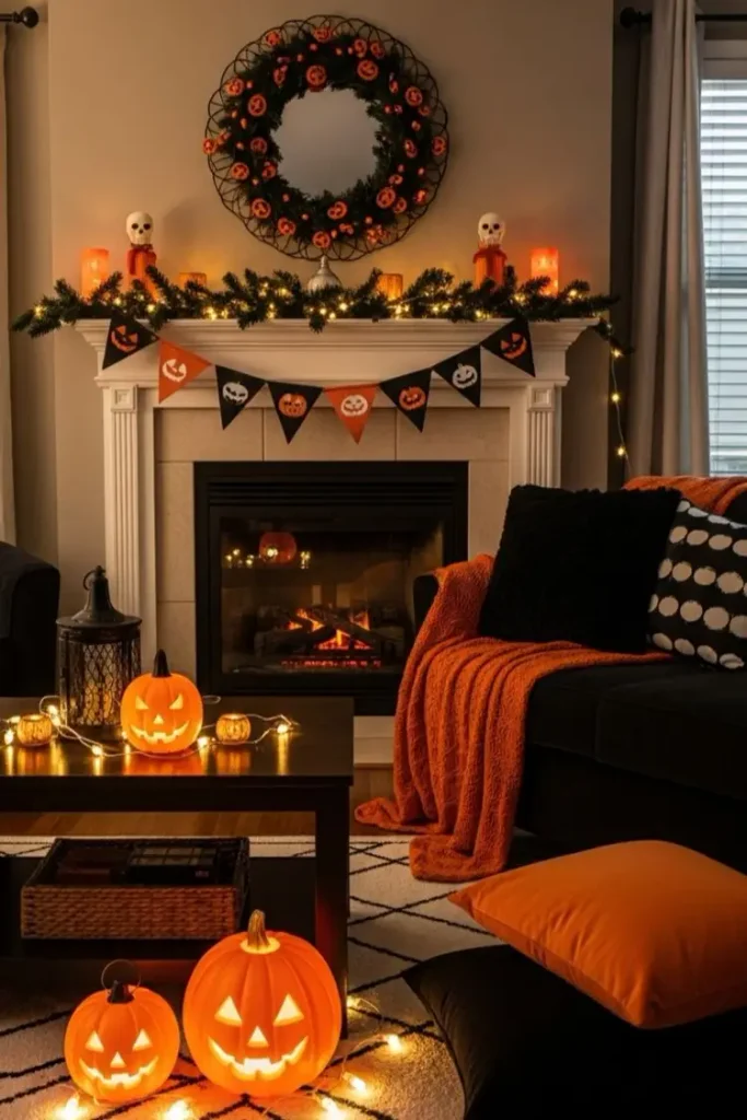 Cozy Halloween living room with a lit fireplace, pumpkin garland wreath, jack-o'-lantern bunting, glowing pumpkin lights, a dark sofa with orange and black pillows and a chunky orange throw, and string lights on the rug.