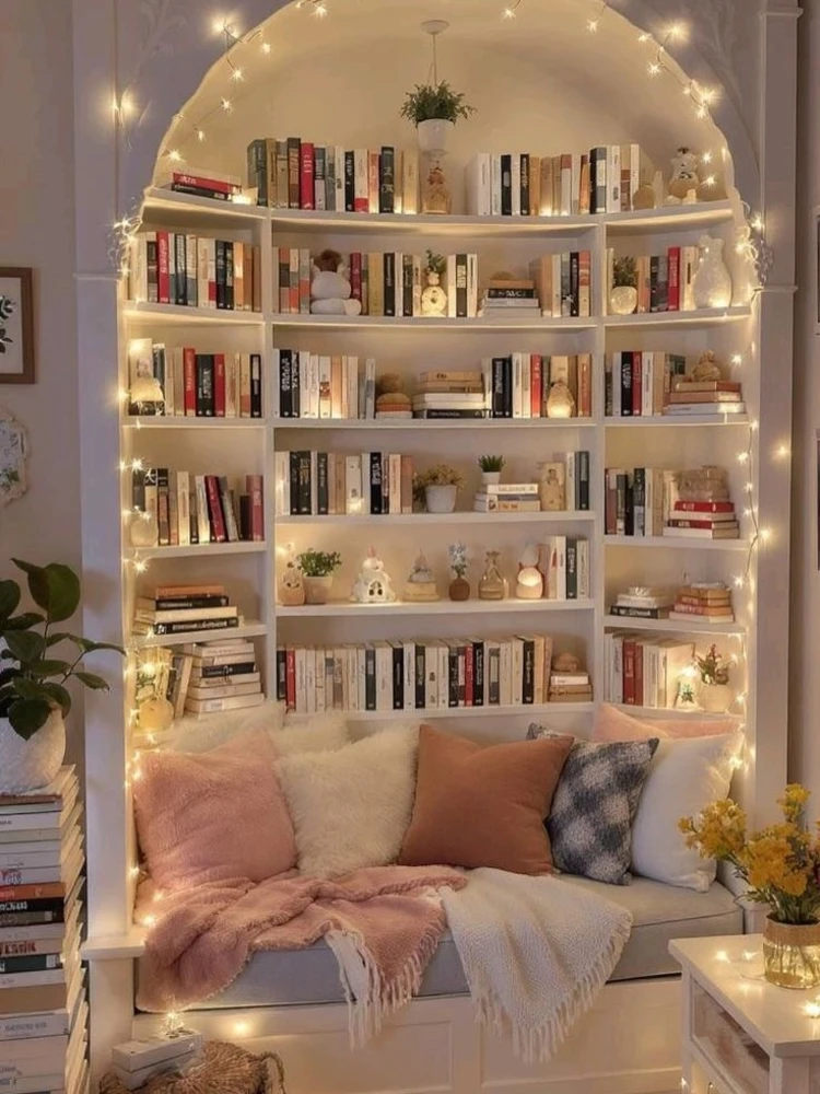 Cozy arched reading nook with built-in white bookshelves full of books and small plants, draped in warm string lights, with a cushioned bench seat piled with pink, white, and terracotta pillows and soft throw blankets. Library Wall Ideas